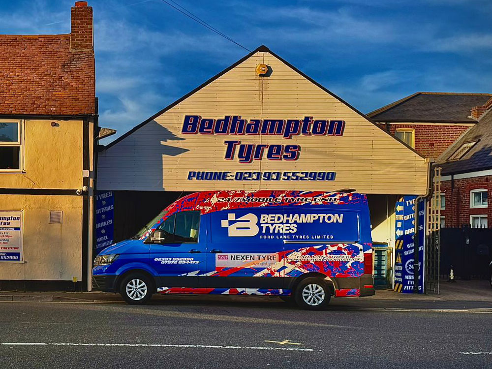 External view of Bedhampton Tyres and Auto centre with Bedhampton Tyres mobile van parked on the road