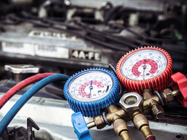 enlarged view of car air conditioning manifold pressure system being used at Bedhampton Tyres