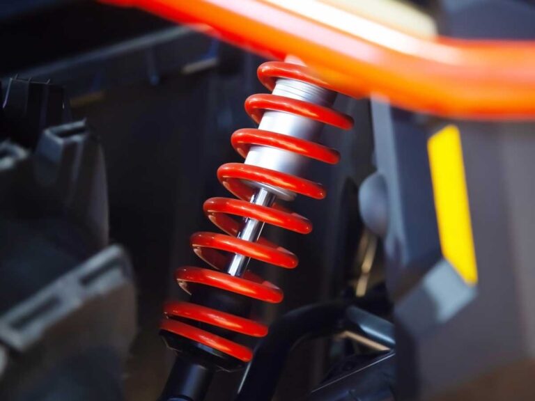 enlarged view of a new car shock absorber with steel coil representing suspension repair