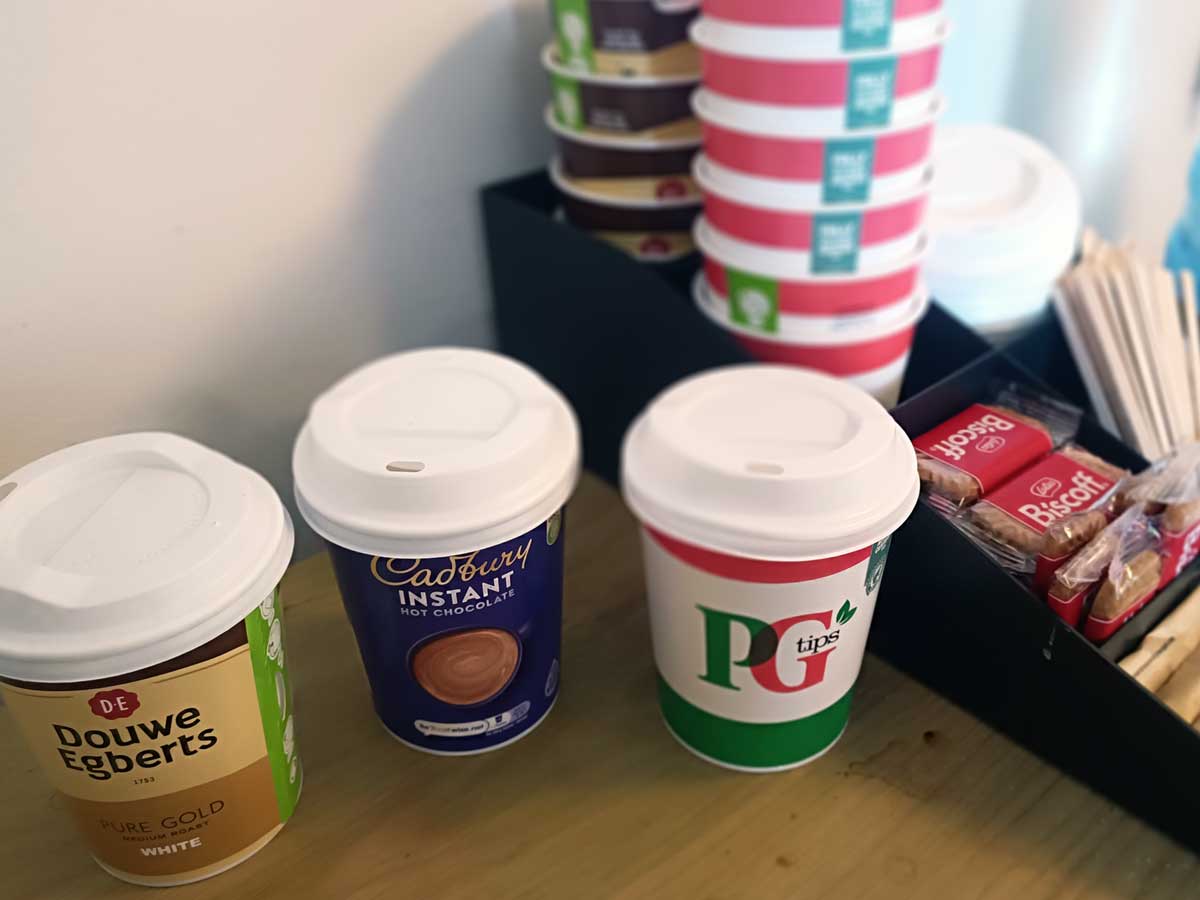 Internal view of the refreshments available to waiting customers at Bedhampton Tyres if you are waiting. Instant Coffee, Tea, Water and biscuits are free.
